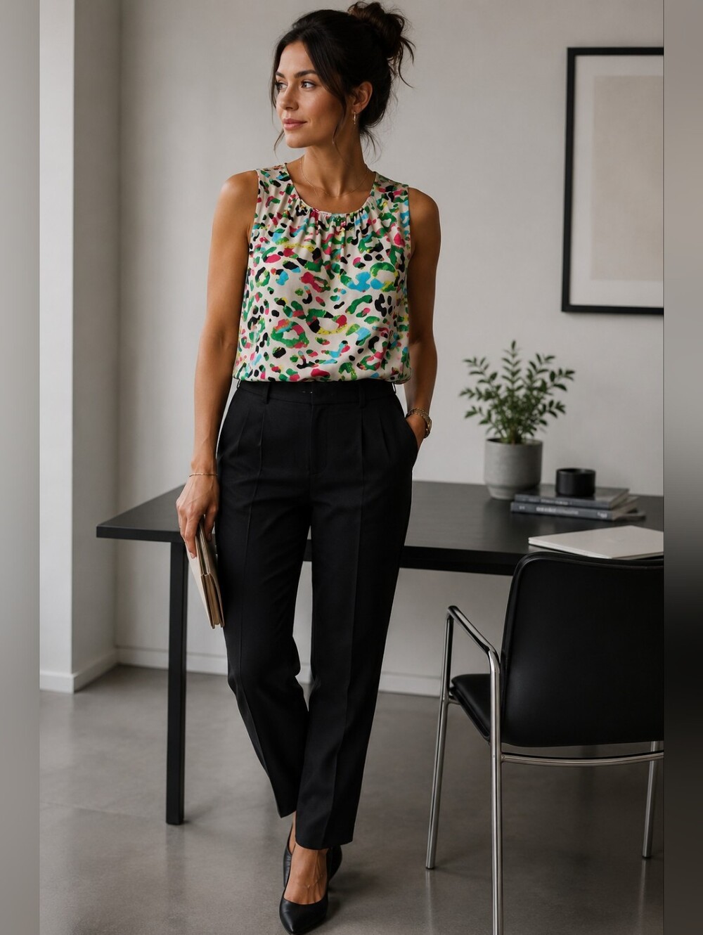 Melanie Lyne Colorful Abstract Leopard Print Sleeveless Blouse Top L Career
